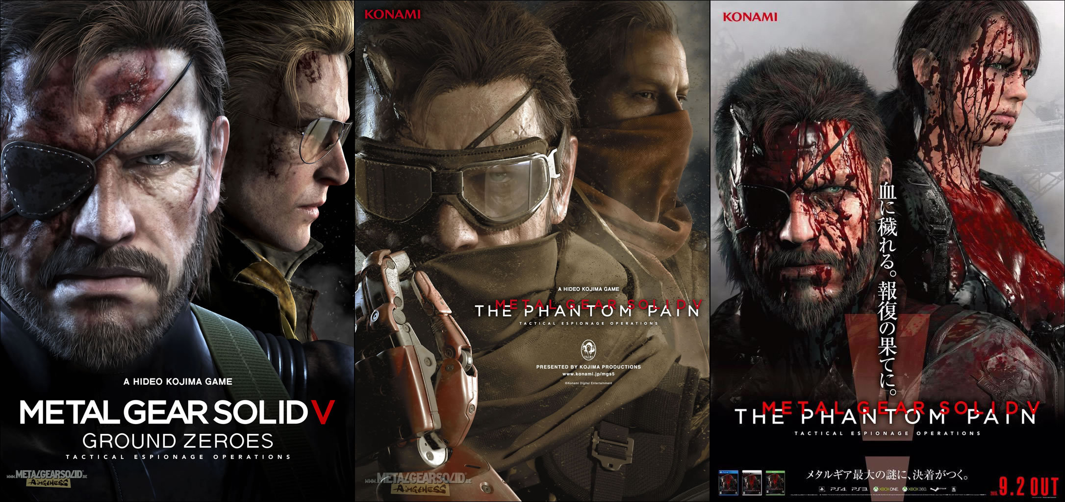 Une affiche promotionnelle de MGSV TPP avec Venom Snake et Quiet ensanglants